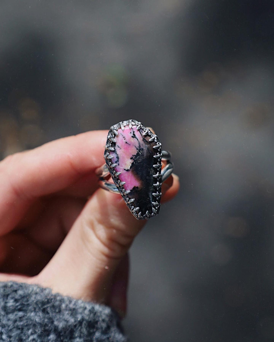 Chunky Rhodonite Coffin Ring - Size 10